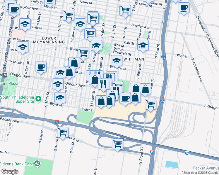 map of restaurants, bars, coffee shops, grocery stores, and more near 413 West Oregon Avenue in Philadelphia