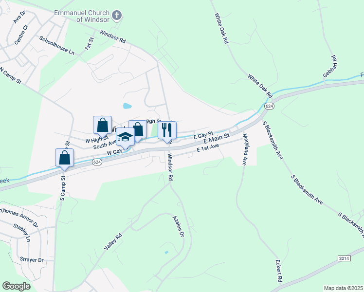 map of restaurants, bars, coffee shops, grocery stores, and more near 20 East Main Street in Windsor