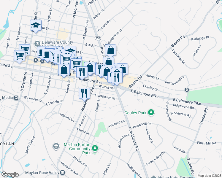 map of restaurants, bars, coffee shops, grocery stores, and more near 449 East Franklin Street in Media