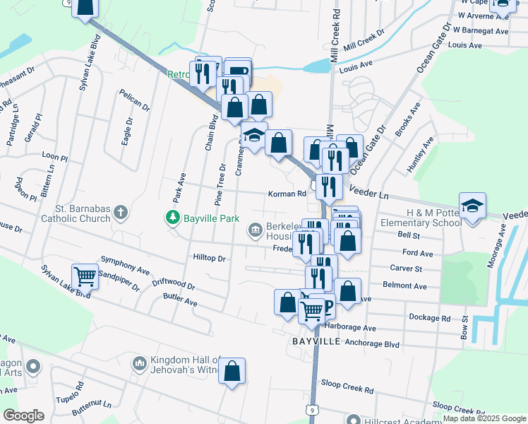 map of restaurants, bars, coffee shops, grocery stores, and more near 9 Esplanade Way in Ocean County