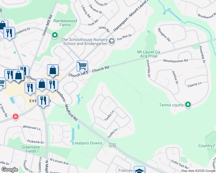 map of restaurants, bars, coffee shops, grocery stores, and more near Evesboro Medford Road in Evesham Township