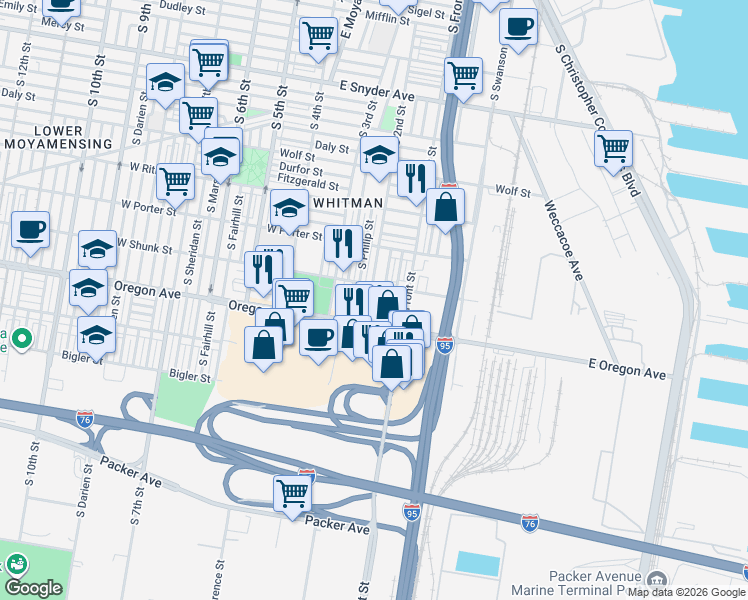 map of restaurants, bars, coffee shops, grocery stores, and more near 2626 South 2nd Street in Philadelphia