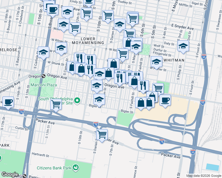 map of restaurants, bars, coffee shops, grocery stores, and more near 2719 South Darien Street in Philadelphia