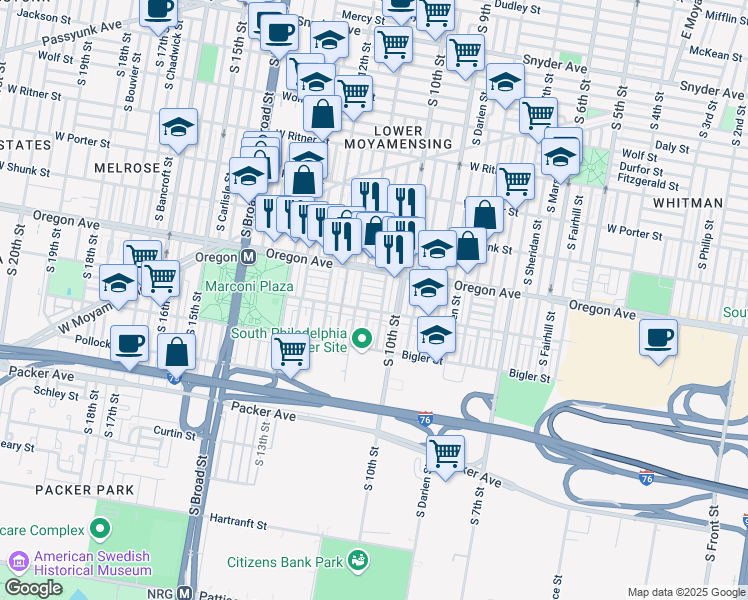 map of restaurants, bars, coffee shops, grocery stores, and more near 1029 Johnston Street in Philadelphia