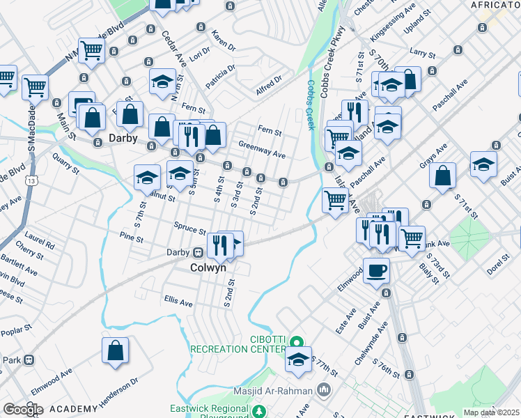map of restaurants, bars, coffee shops, grocery stores, and more near 120 Chestnut Street in Darby