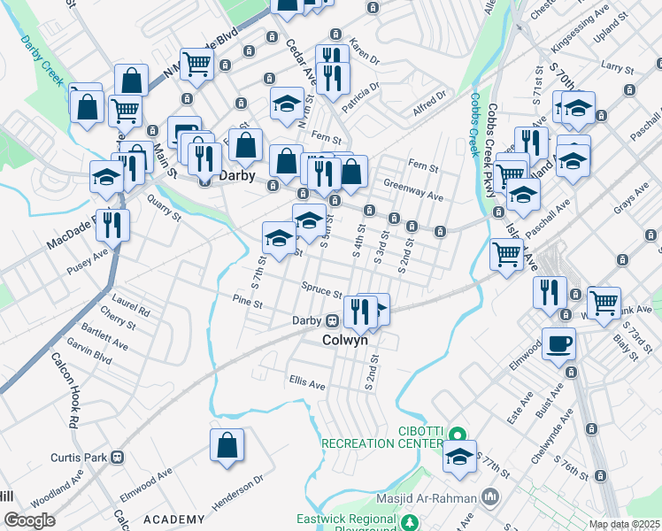 map of restaurants, bars, coffee shops, grocery stores, and more near 211 South 5th Street in Darby