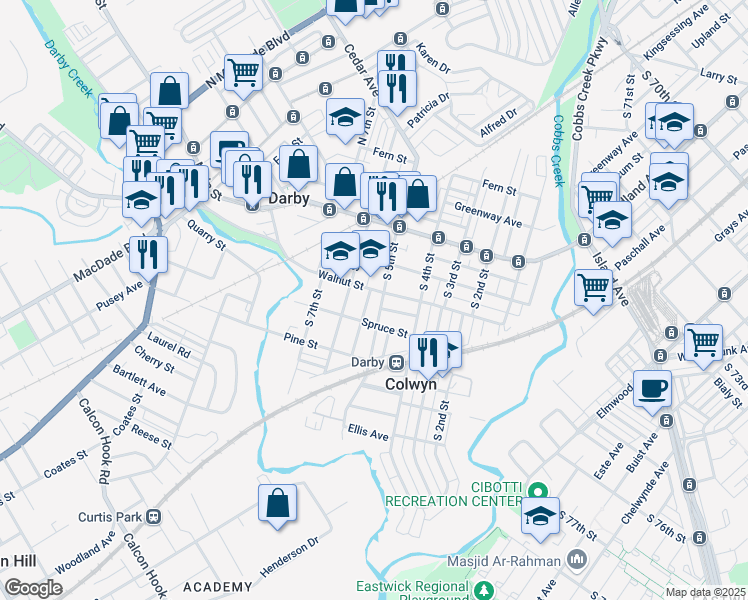 map of restaurants, bars, coffee shops, grocery stores, and more near 211 South 5th Street in Darby