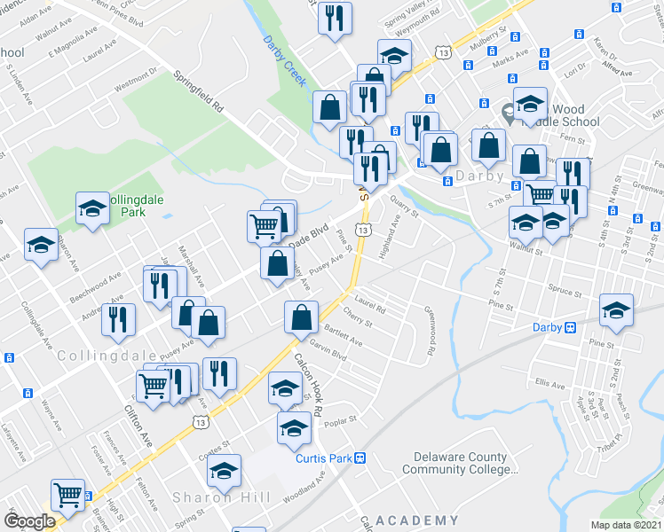 map of restaurants, bars, coffee shops, grocery stores, and more near 116 Chester Pike in Darby