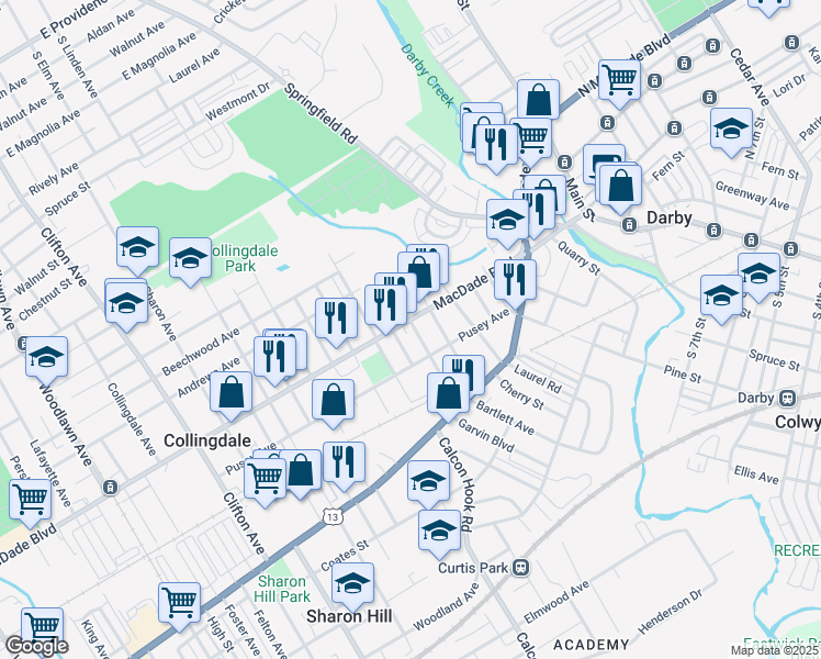 map of restaurants, bars, coffee shops, grocery stores, and more near 121 Rhodes Avenue in Collingdale