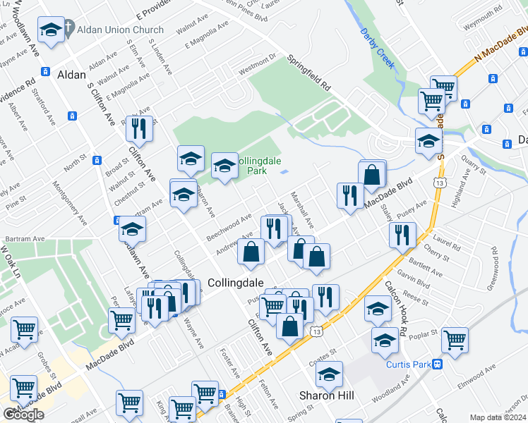 map of restaurants, bars, coffee shops, grocery stores, and more near 317 Felton Avenue in Collingdale