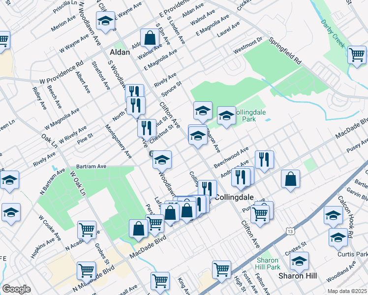 map of restaurants, bars, coffee shops, grocery stores, and more near 601 Collingdale Avenue in Collingdale