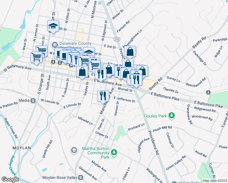 map of restaurants, bars, coffee shops, grocery stores, and more near 306 Manchester Avenue in Media