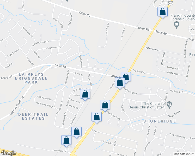 map of restaurants, bars, coffee shops, grocery stores, and more near 2864 Creith Court in Grove City