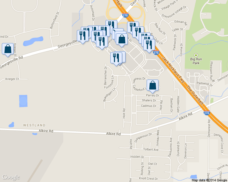 map of restaurants, bars, coffee shops, grocery stores, and more near 1850 Kathiwade Drive in Columbus