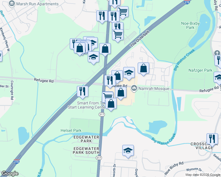 map of restaurants, bars, coffee shops, grocery stores, and more near 4381 Refugee Road in Columbus