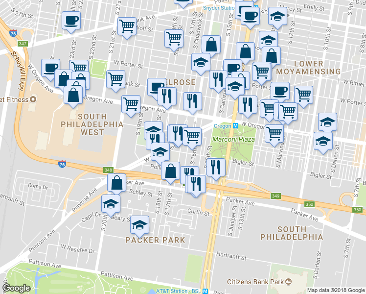 map of restaurants, bars, coffee shops, grocery stores, and more near 2837 South 17th Street in Philadelphia