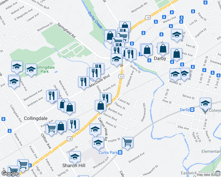 map of restaurants, bars, coffee shops, grocery stores, and more near 33 Cherry Street in Collingdale