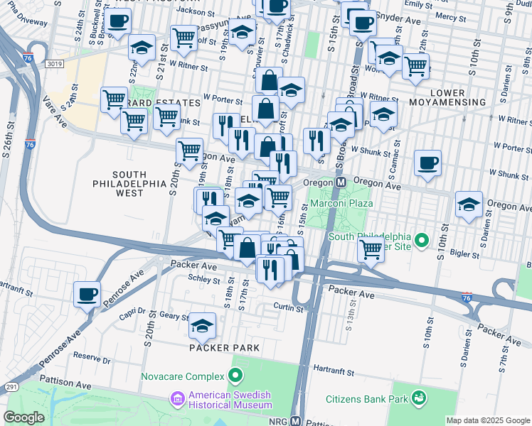 map of restaurants, bars, coffee shops, grocery stores, and more near 2837 South 17th Street in Philadelphia