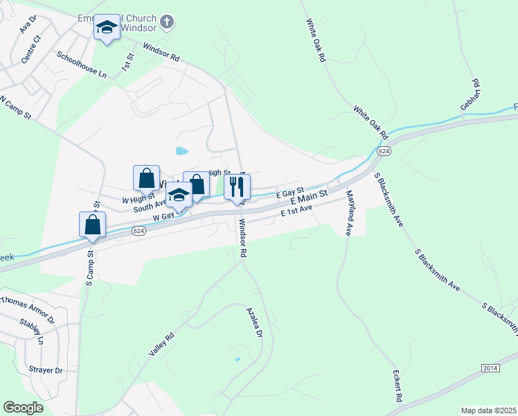 map of restaurants, bars, coffee shops, grocery stores, and more near 20 East Main Street in Windsor