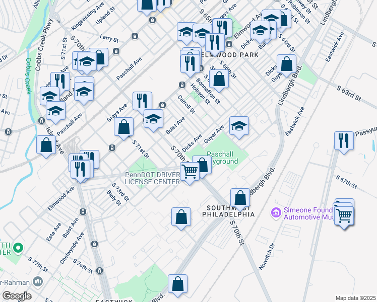 map of restaurants, bars, coffee shops, grocery stores, and more near 6932 Dicks Avenue in Philadelphia