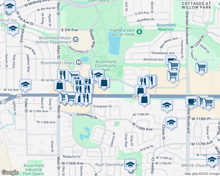 map of restaurants, bars, coffee shops, grocery stores, and more near 600 East 1st Avenue in Broomfield