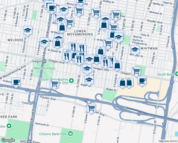 map of restaurants, bars, coffee shops, grocery stores, and more near 900 West Oregon Avenue in Philadelphia