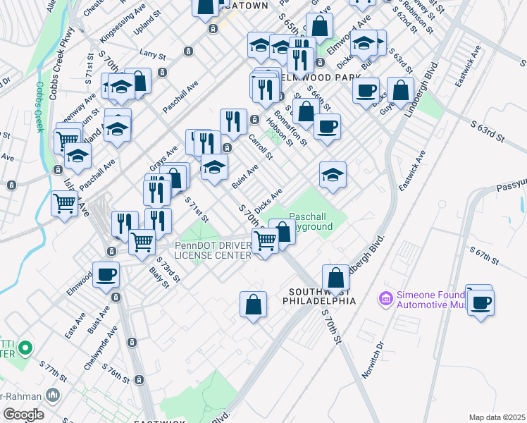 map of restaurants, bars, coffee shops, grocery stores, and more near 6932 Dicks Avenue in Philadelphia