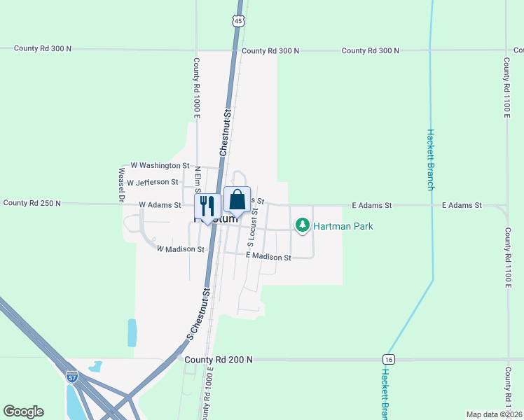 map of restaurants, bars, coffee shops, grocery stores, and more near 116 South Locust Street in Pesotum