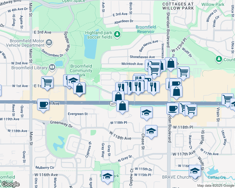 map of restaurants, bars, coffee shops, grocery stores, and more near 961 E 1st Ave in Broomfield