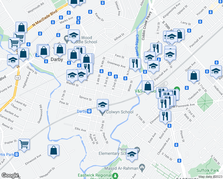 map of restaurants, bars, coffee shops, grocery stores, and more near 106 South 2nd Street in Darby