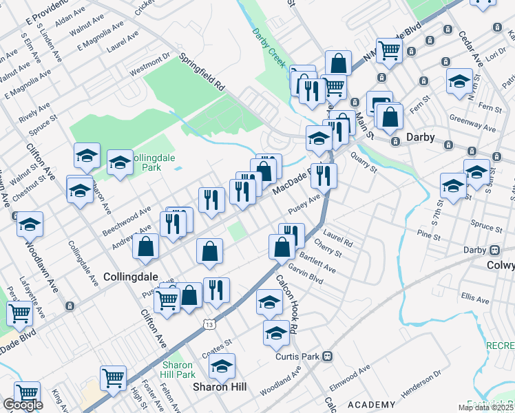 map of restaurants, bars, coffee shops, grocery stores, and more near 121 Rhodes Avenue in Collingdale