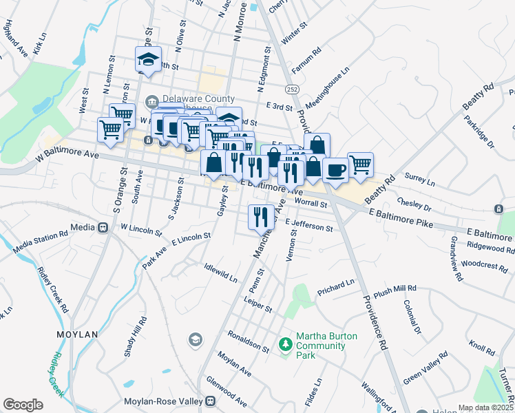 map of restaurants, bars, coffee shops, grocery stores, and more near 223 East Jefferson Street in Media