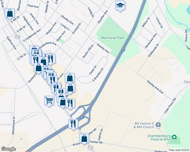 map of restaurants, bars, coffee shops, grocery stores, and more near 929 Brandon Drive in Chambersburg