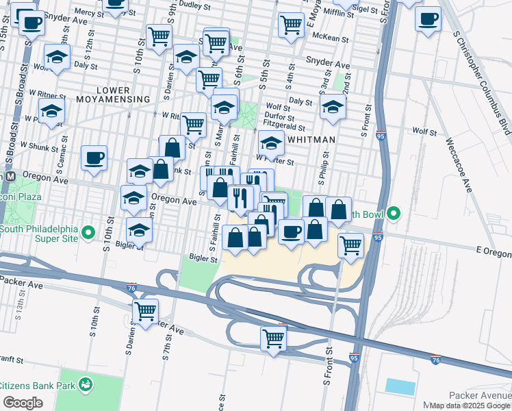 map of restaurants, bars, coffee shops, grocery stores, and more near 413 West Oregon Avenue in Philadelphia