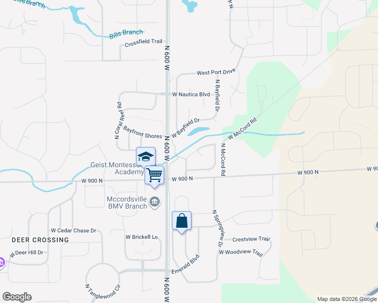 map of restaurants, bars, coffee shops, grocery stores, and more near 5884 West Falling Waters Drive in McCordsville