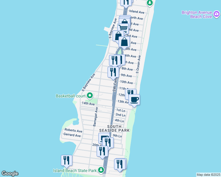 map of restaurants, bars, coffee shops, grocery stores, and more near 111 11th Avenue in Seaside Park