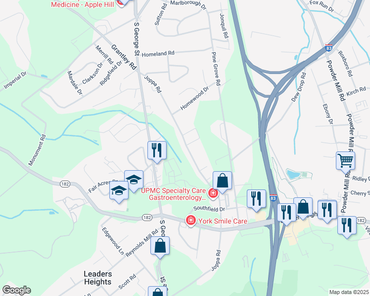 map of restaurants, bars, coffee shops, grocery stores, and more near 2508 Joppa Road in York