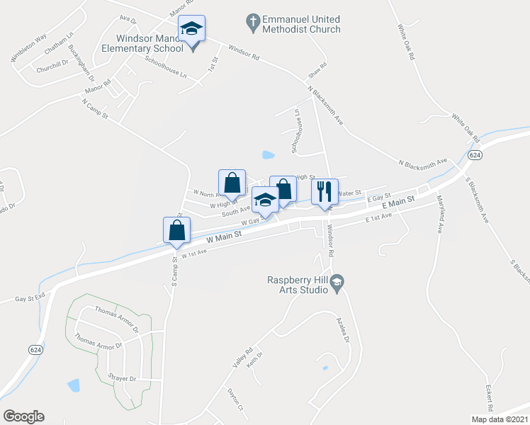 map of restaurants, bars, coffee shops, grocery stores, and more near 60 West Gay Street in Windsor
