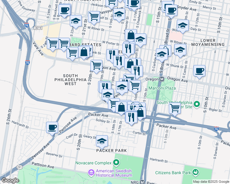 map of restaurants, bars, coffee shops, grocery stores, and more near 1720 West Moyamensing Avenue in Philadelphia