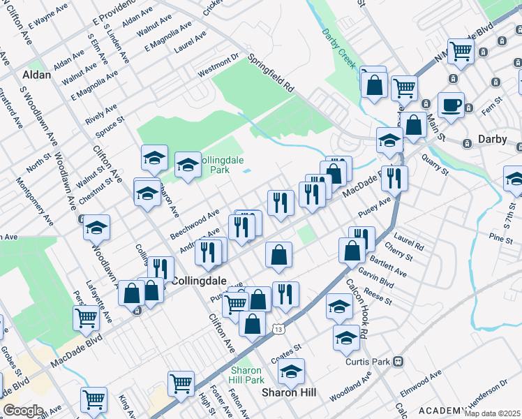 map of restaurants, bars, coffee shops, grocery stores, and more near 228 Marshall Avenue in Collingdale