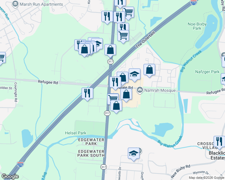 map of restaurants, bars, coffee shops, grocery stores, and more near 4381 Refugee Road in Columbus