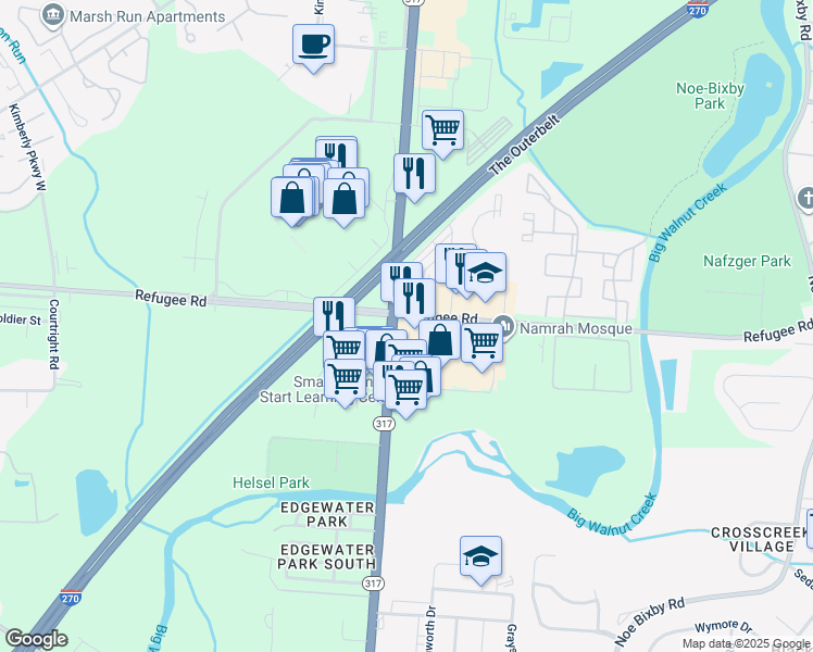 map of restaurants, bars, coffee shops, grocery stores, and more near 4381 Refugee Road in Columbus