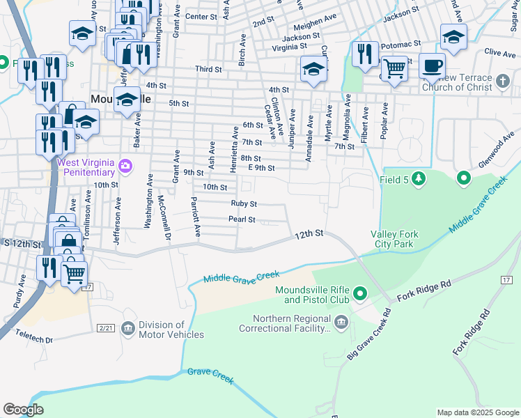 map of restaurants, bars, coffee shops, grocery stores, and more near 1613 Ruby St in Moundsville