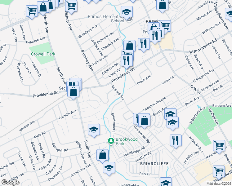 map of restaurants, bars, coffee shops, grocery stores, and more near 612 Ashland Avenue in Delaware County
