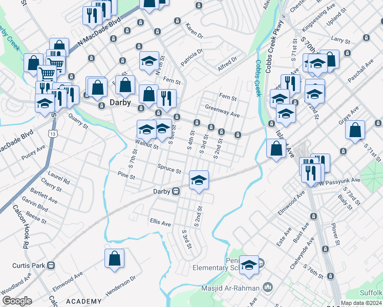 map of restaurants, bars, coffee shops, grocery stores, and more near 117 South 4th Street in Darby