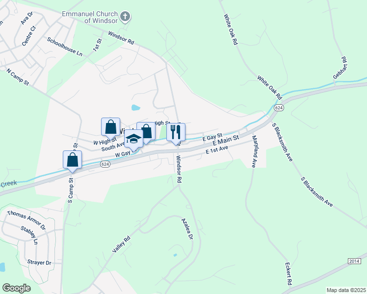map of restaurants, bars, coffee shops, grocery stores, and more near 8 East Main Street in Windsor