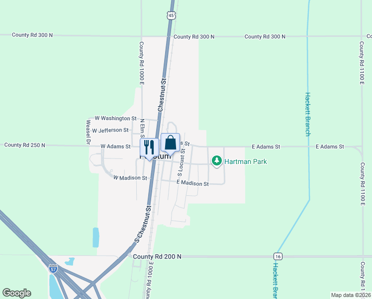map of restaurants, bars, coffee shops, grocery stores, and more near 116 South Locust Street in Pesotum