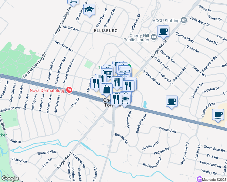 map of restaurants, bars, coffee shops, grocery stores, and more near 22 New Jersey 70 in Cherry Hill