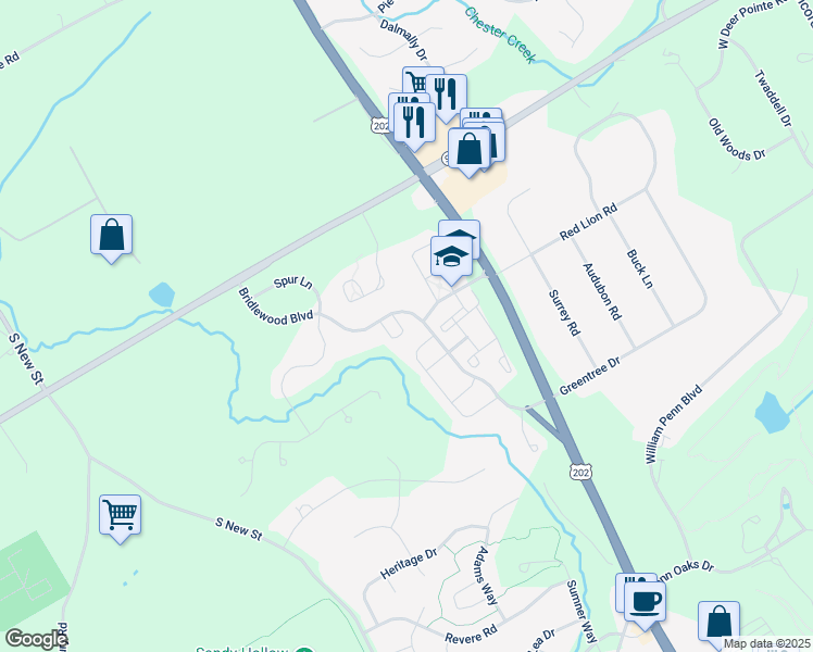 map of restaurants, bars, coffee shops, grocery stores, and more near 109 Stirrup Circle in West Chester