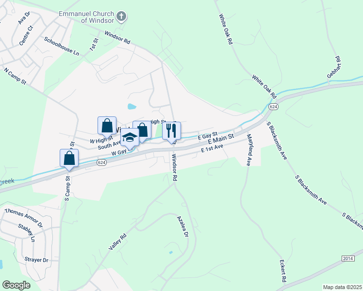 map of restaurants, bars, coffee shops, grocery stores, and more near 10 East Main Street in Windsor